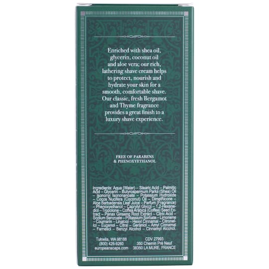 European Soaps Bergamot & Thyme Men's Shave Cream with Shea, 75mL